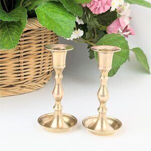 Pair of Vintage Slim Brass Candlestick Holders 4" Brass Candle Holders Set 1970s